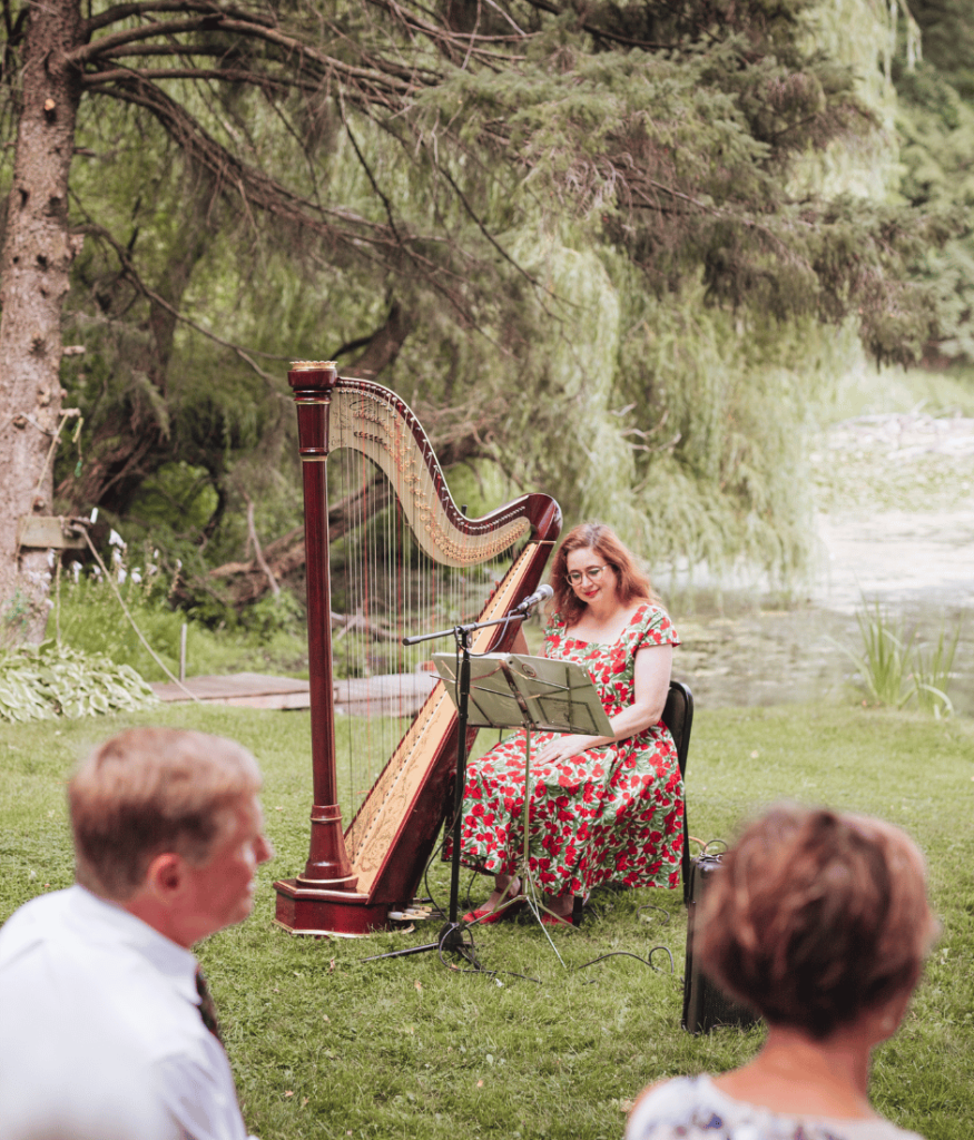 Image of harp player playing the harp during small wedding ceremony in minnesota. 