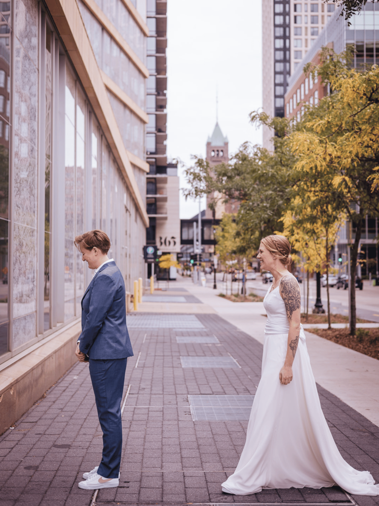 Image of a couple about to do a wedding first look with each other. 