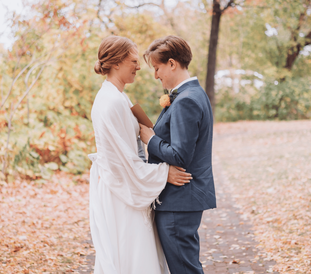 Image of a couple during their first look. You can use first look images in a wedding album if you're unsure of what to do with wedding photos. . 