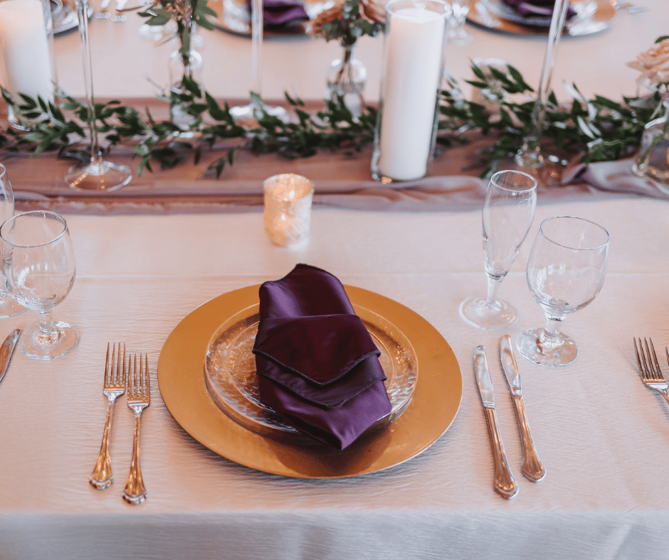 Image of styled table setting at wedding. 