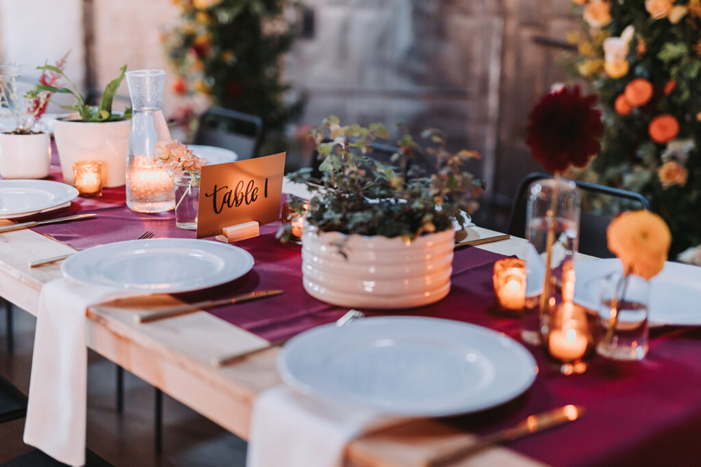 Wedding at The Neu Neu: Table linens and settings from Chowgirls Catering